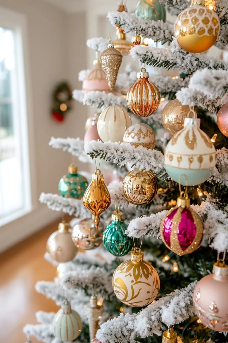 vintage glass ornaments mixed with twinkle lights on a frosted tree 1