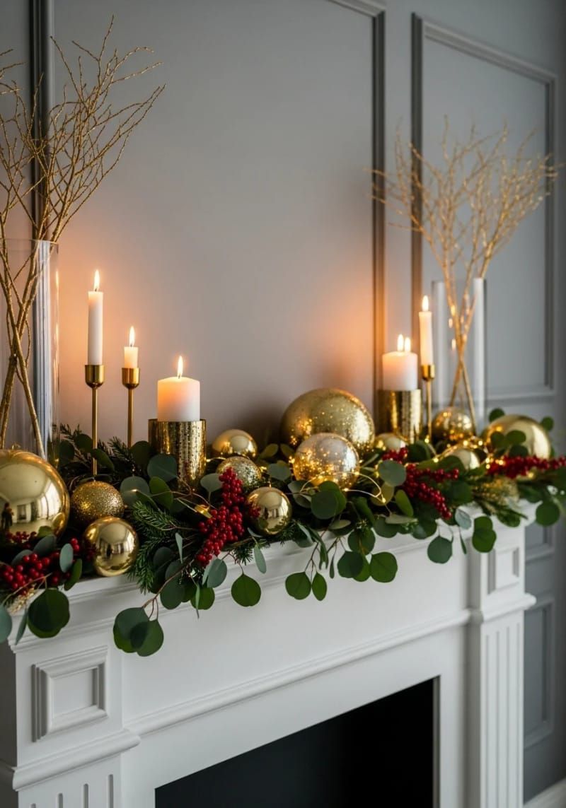 mantel layered with eucalyptus, berries, and shimmering gold accents 1