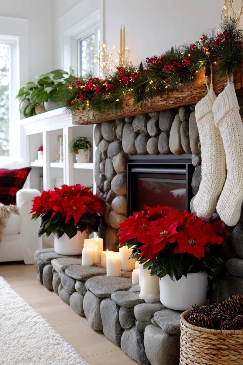 vibrant red poinsettias lining the fireplace hearth in dramatic clusters 1