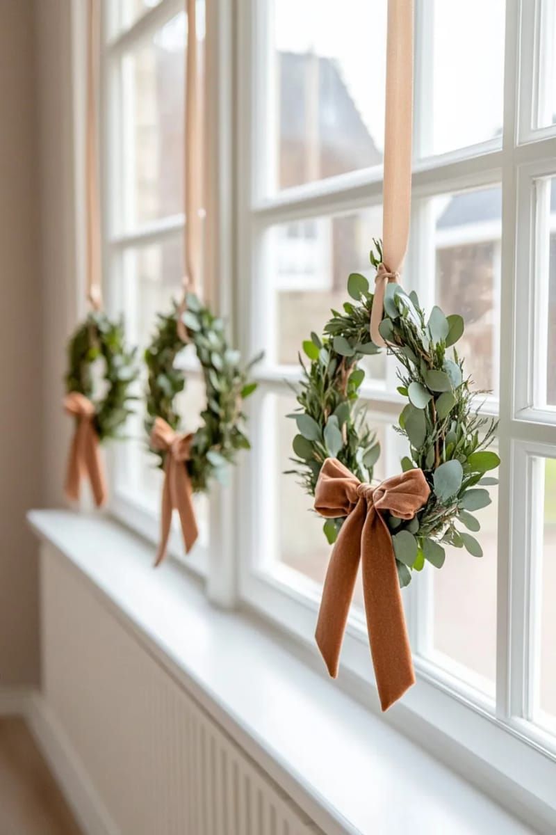 minimalist wreaths hung with velvet ribbon on every windowpane 1
