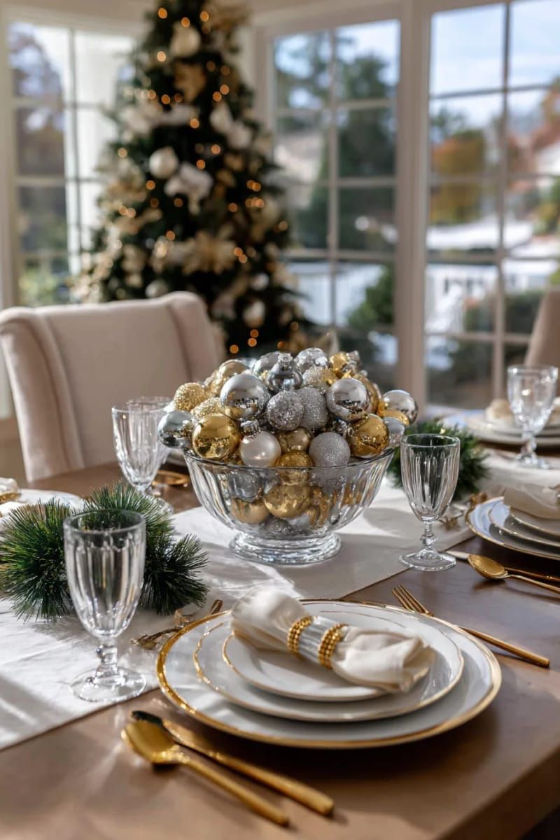 mixed metallic ornaments clustered in glass bowls for instant glam 1