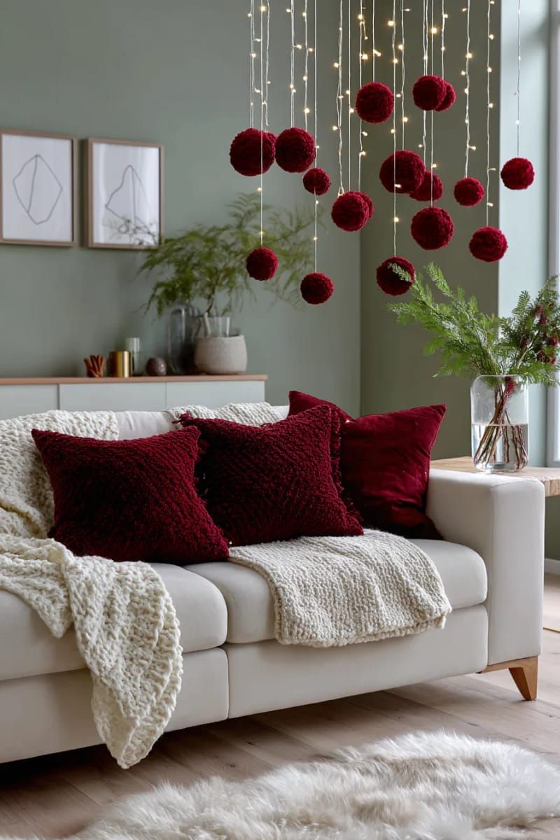 floating bauble display above a sofa using clear string and red ornaments 1