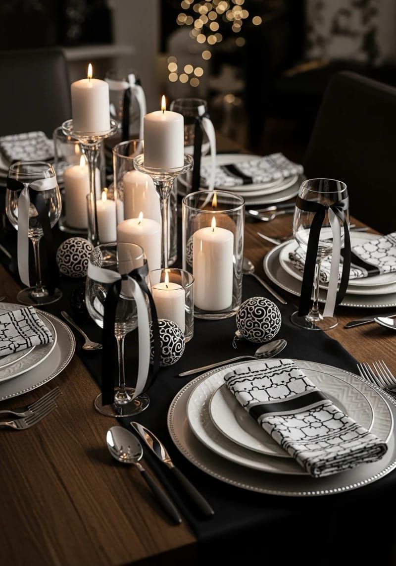 black-and-white theme using monochrome plates and ribbon-wrapped stems 1