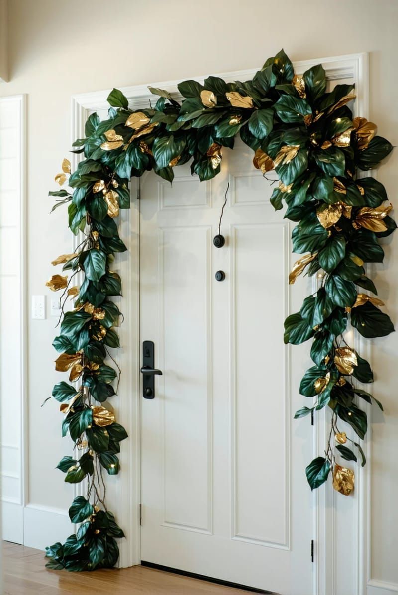 asymmetrical garland of magnolia leaves and gold twigs around door frames 1