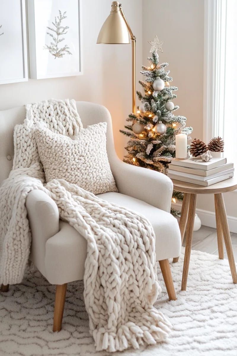 cozy reading nook featuring chunky knit throws and a tabletop tree 1