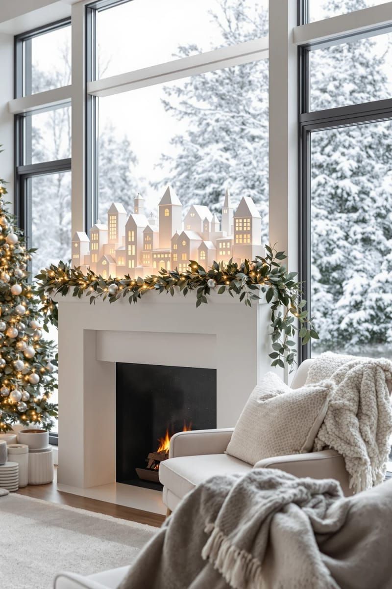 frosted glass christmas village with tiny led lights on a minimalist mantel 1