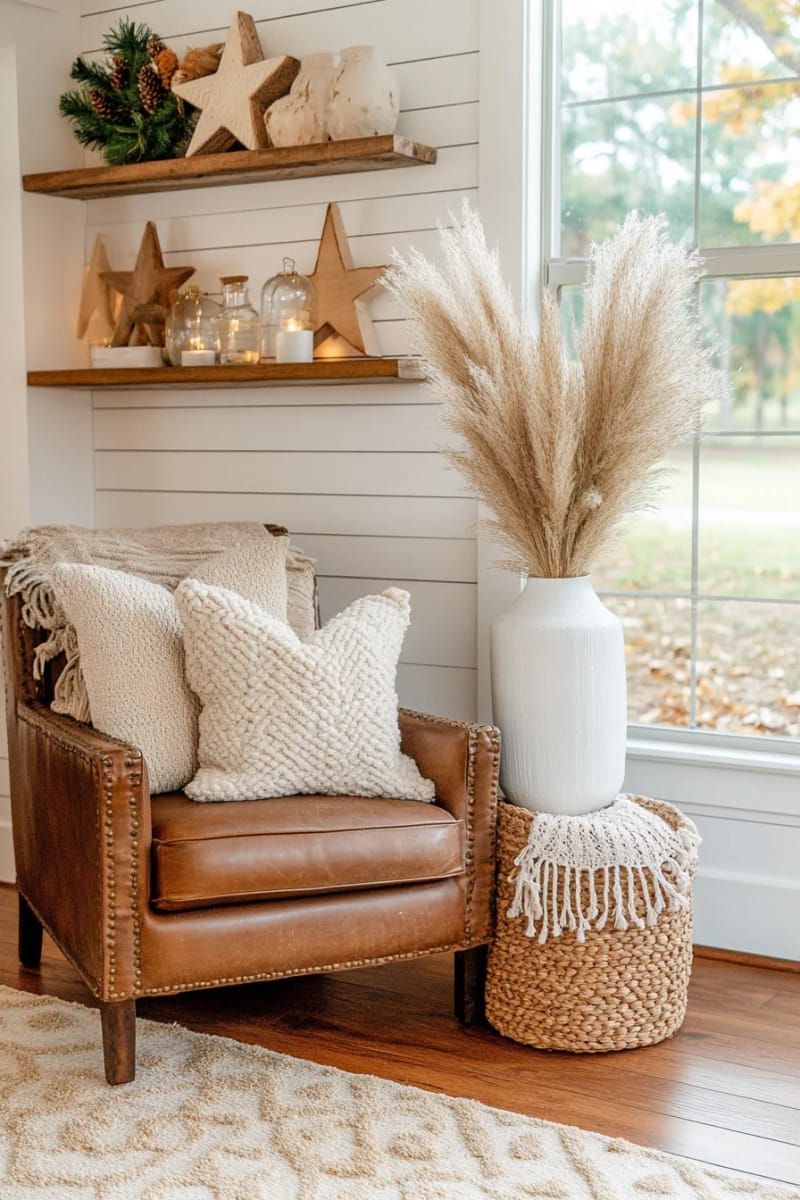 modern boho christmas corner with pampas grass and wooden stars 1
