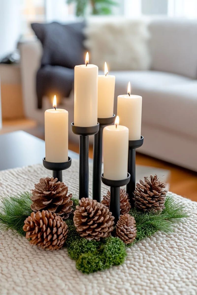 black metal candle holders grouped with pinecones and moss for table decor 1