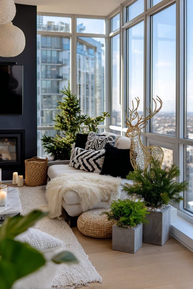 abstract wire-frame reindeer paired with potted evergreens in concrete planters 1