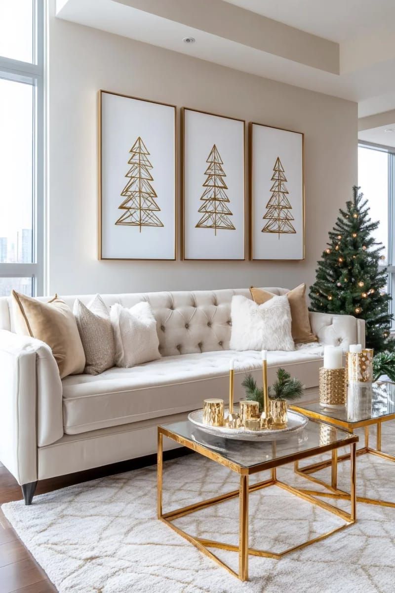 sleek wall art featuring minimalist christmas tree silhouettes in gold foil 1
