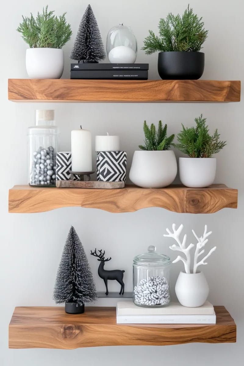 floating shelves styled with small greenery arrangements and monochrome decor 1