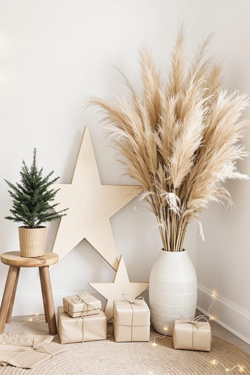modern boho christmas corner with pampas grass and wooden stars 1