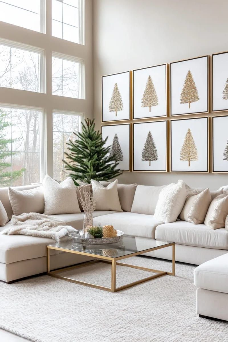sleek wall art featuring minimalist christmas tree silhouettes in gold foil 1