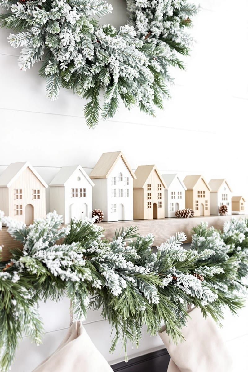 modern farmhouse mantle with miniature wooden houses and frosted greenery 1