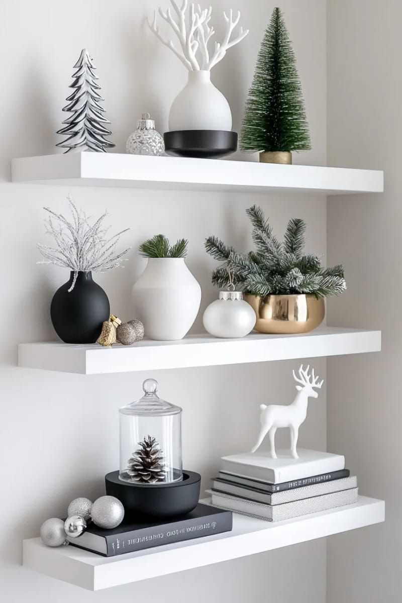 floating shelves styled with small greenery arrangements and monochrome decor 1
