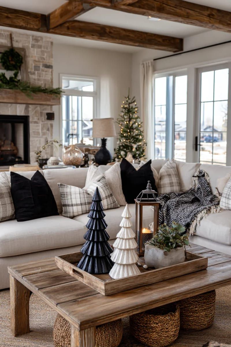 sculptural wooden christmas trees in black, white, and natural wood tones 1