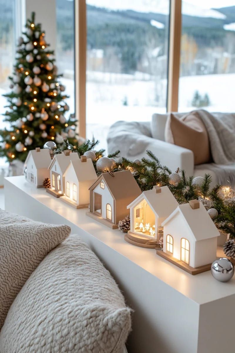 frosted glass christmas village with tiny led lights on a minimalist mantel 1