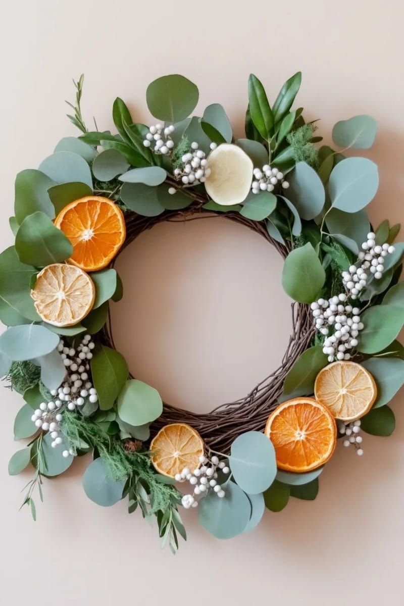 neutral palette wreath featuring eucalyptus, dried oranges, and white berries 1