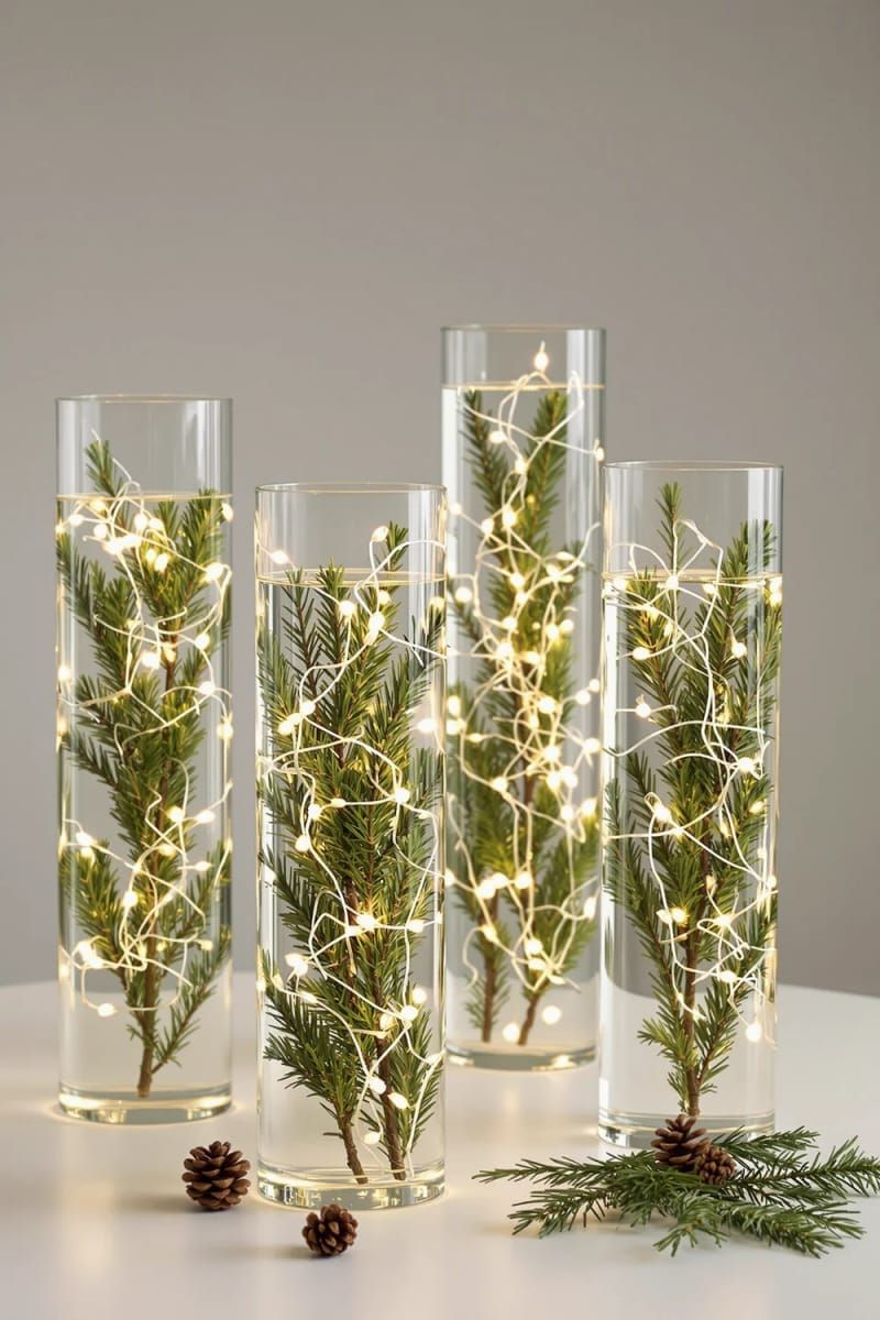 tall cylinder vases with submerged pine branches and battery lights 1