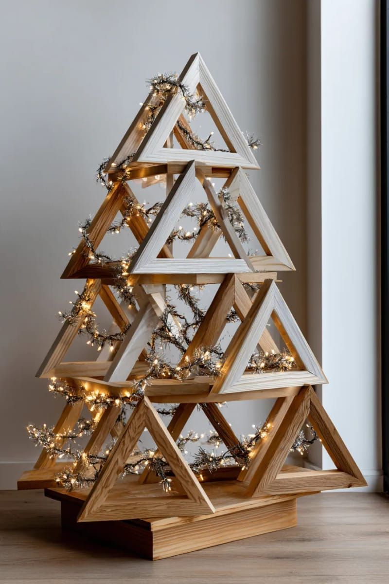 modern christmas tree made from stacked wooden triangles with fairy lights 1
