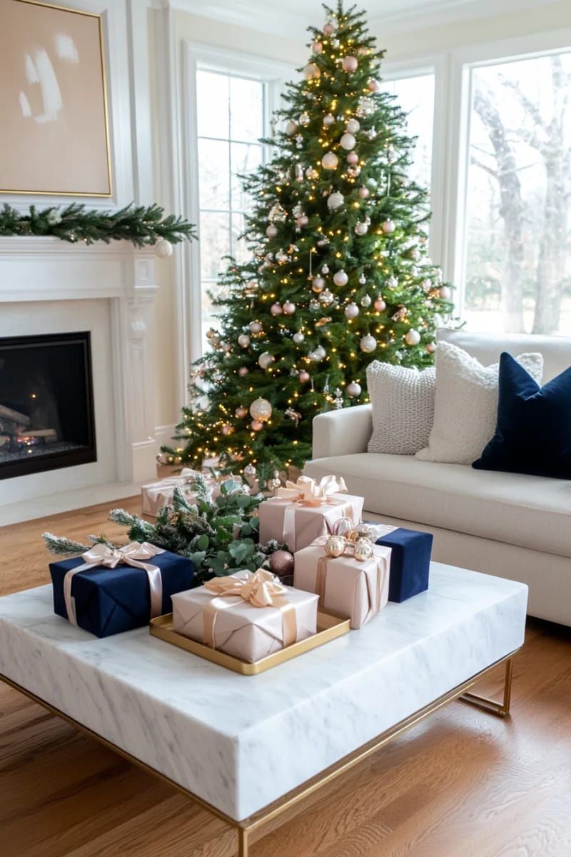 velvet ribbon wrapped gifts in blush, olive, and navy under the tree 1