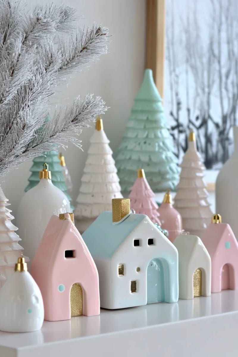 mid-century modern pastel ceramic house village with bottle brush trees 1