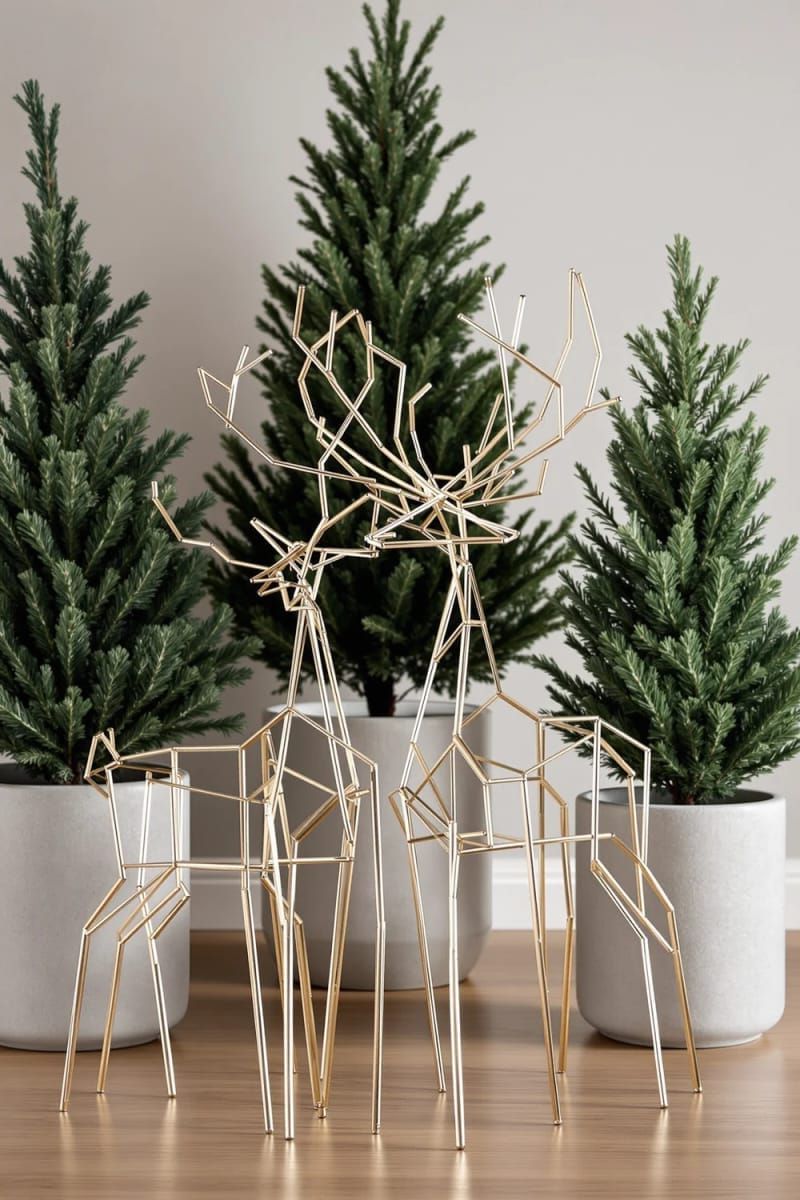 abstract wire-frame reindeer paired with potted evergreens in concrete planters 1