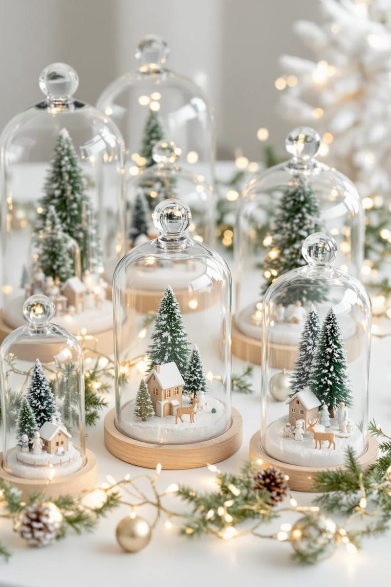 glass cloche domes displaying tiny snowy christmas scenes 1