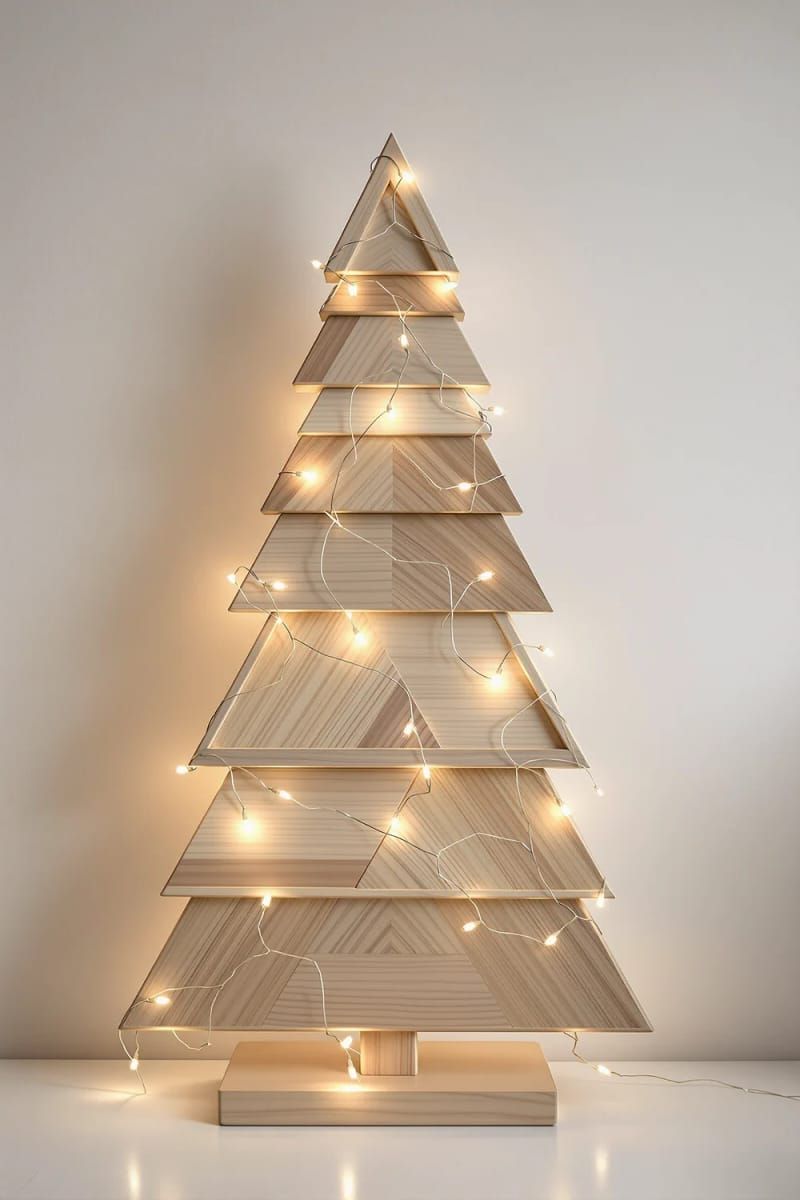 modern christmas tree made from stacked wooden triangles with fairy lights 1