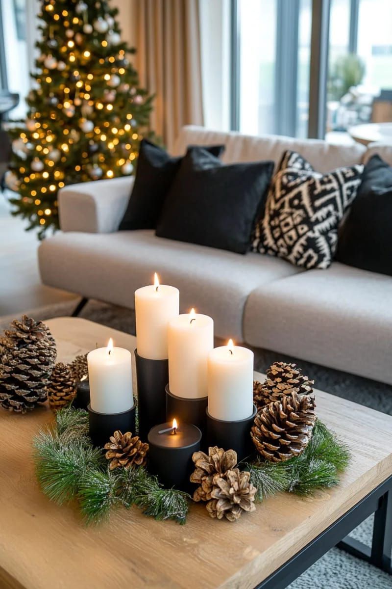 black metal candle holders grouped with pinecones and moss for table decor 1