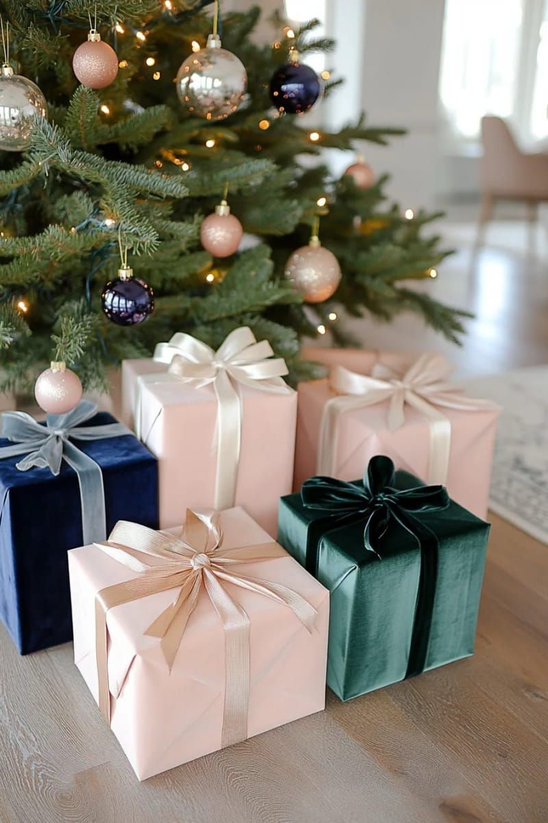 velvet ribbon wrapped gifts in blush, olive, and navy under the tree 1