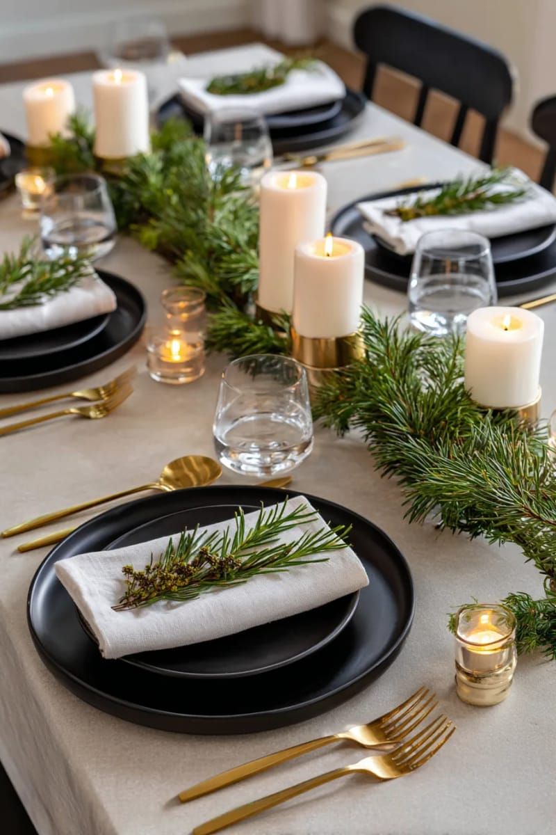 minimalist holiday tablescape with matte black plates and gold flatware 1