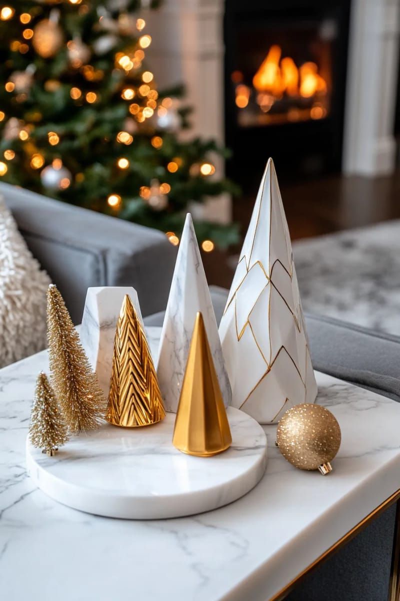 gold geometric tabletop trees paired with marble coasters for a chic look 1