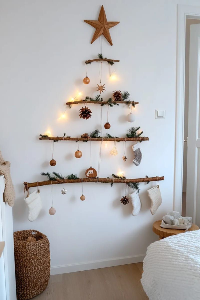 minimalist wall-mounted christmas tree using string lights and pine branches 1