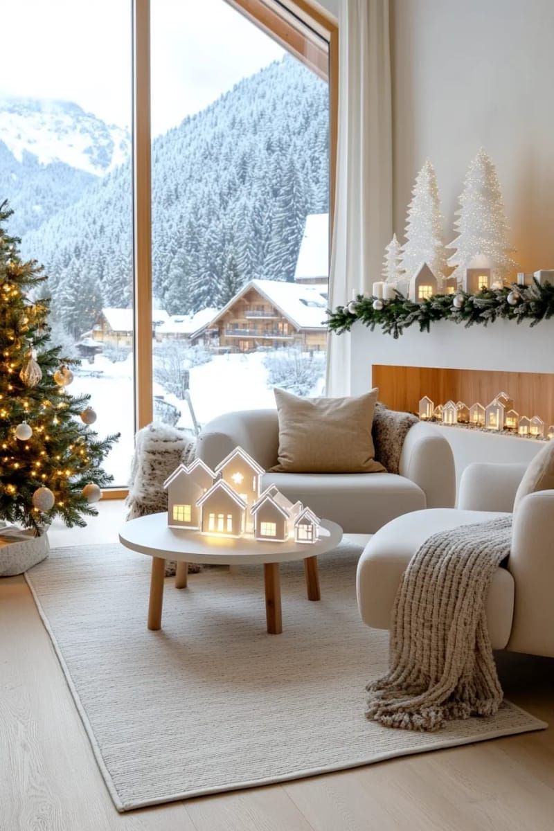 frosted glass christmas village with tiny led lights on a minimalist mantel 1