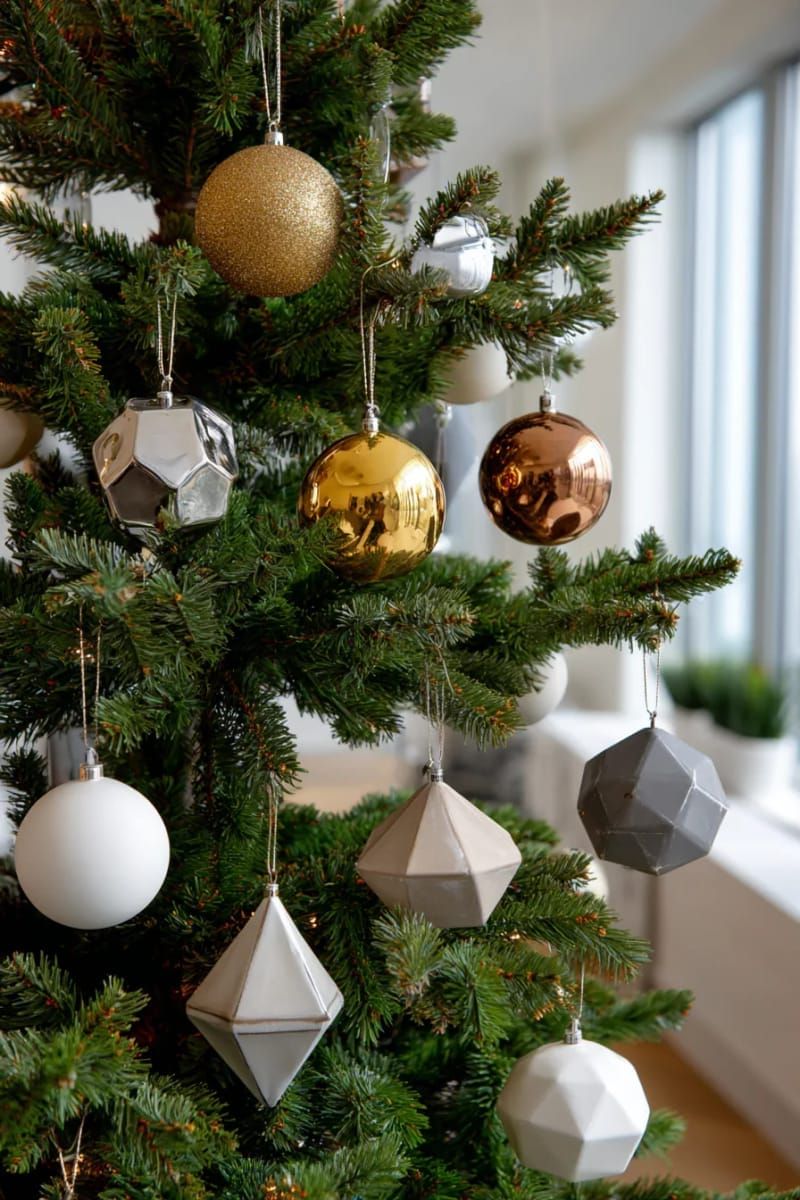 floating geometric ornaments in metallics and neutrals for a modern tree 1