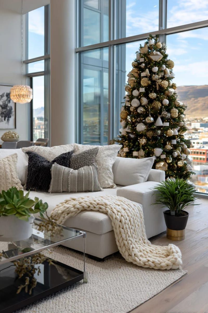 floating geometric ornaments in metallics and neutrals for a modern tree 1