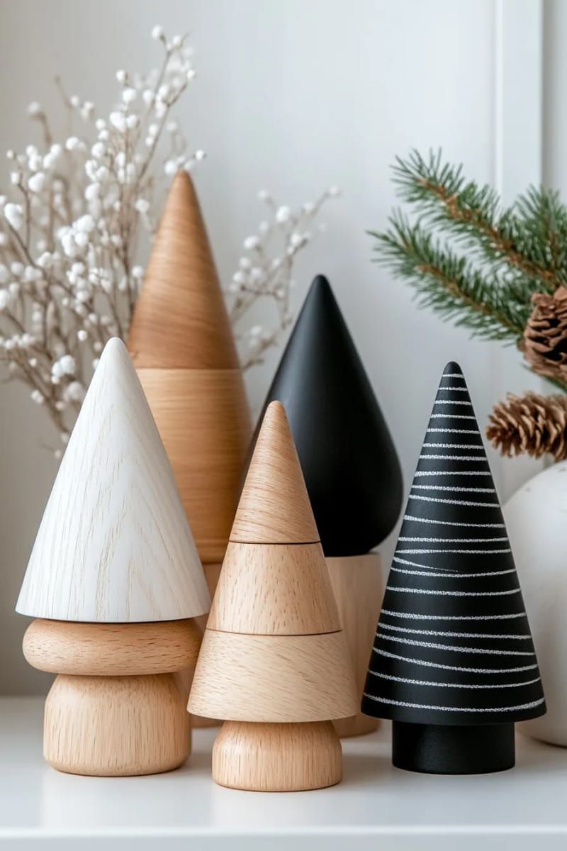 sculptural wooden christmas trees in black, white, and natural wood tones 1