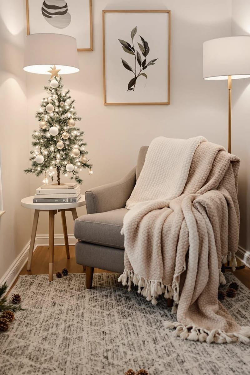 cozy reading nook featuring chunky knit throws and a tabletop tree 1