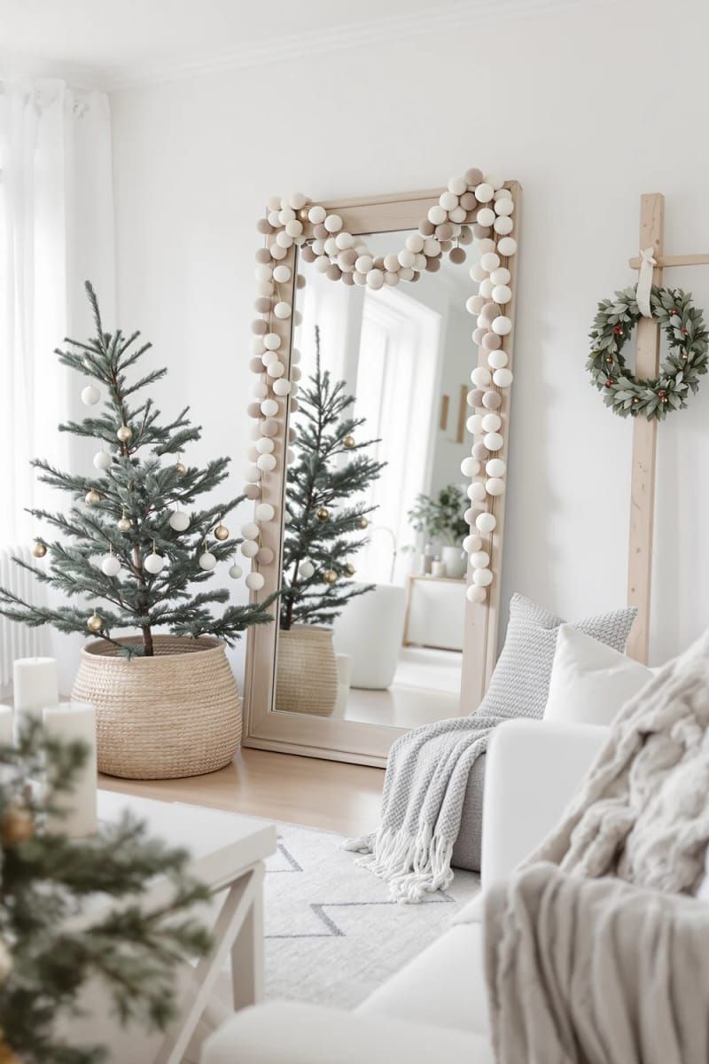 neutral wool felt ball garland draped across windows or mirrors 1