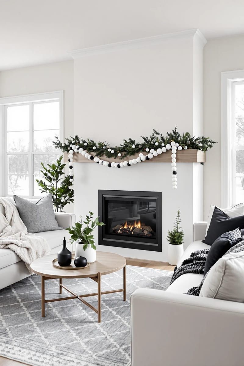 monochrome garland of matte ceramic beads draped across a sleek fireplace 1