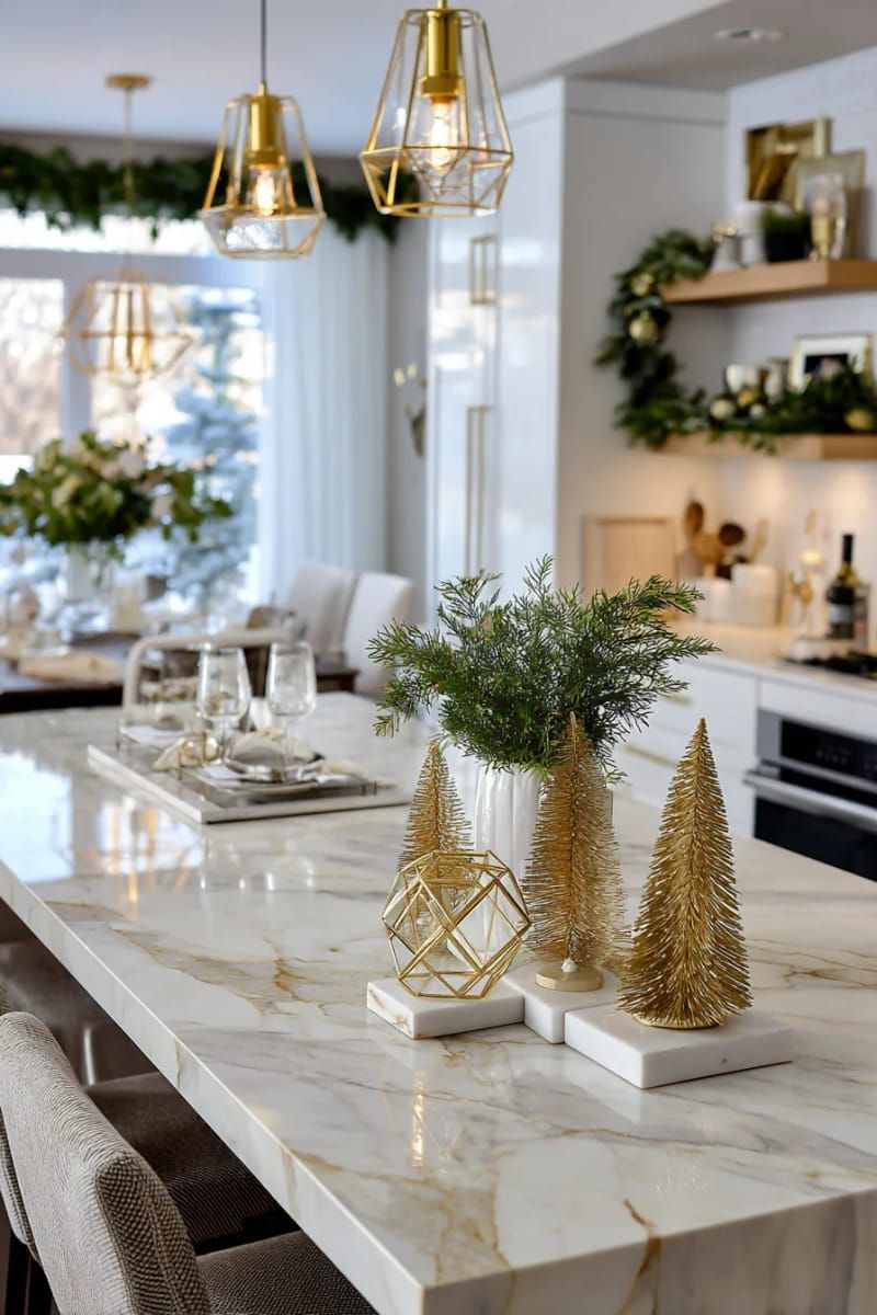 gold geometric tabletop trees paired with marble coasters for a chic look 1