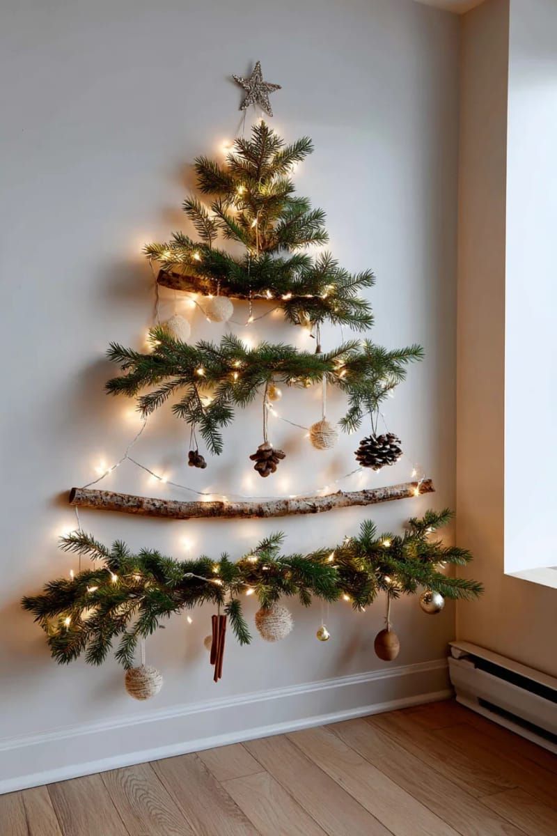 minimalist wall-mounted christmas tree using string lights and pine branches 1