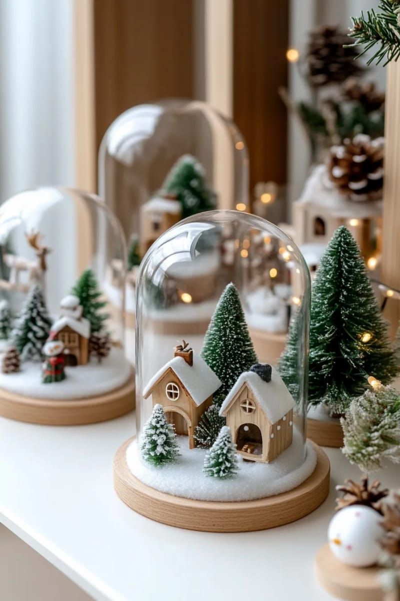 glass cloche domes displaying tiny snowy christmas scenes 1