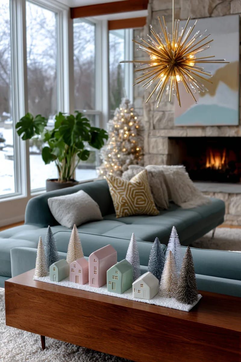 mid-century modern pastel ceramic house village with bottle brush trees 1