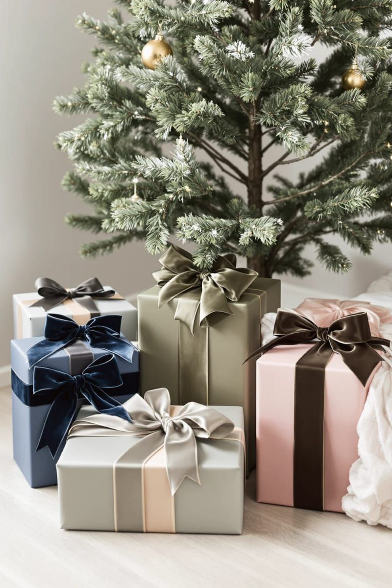 velvet ribbon wrapped gifts in blush, olive, and navy under the tree 1