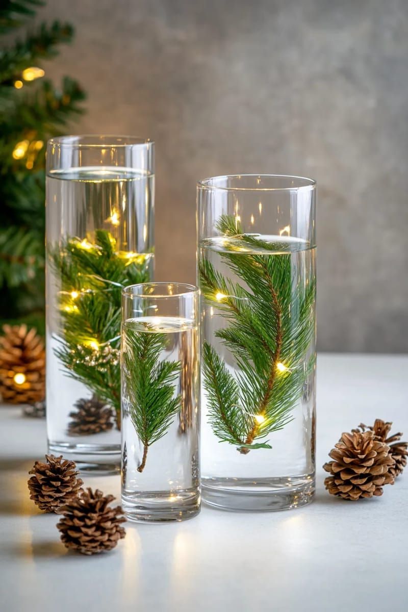 tall cylinder vases with submerged pine branches and battery lights 1