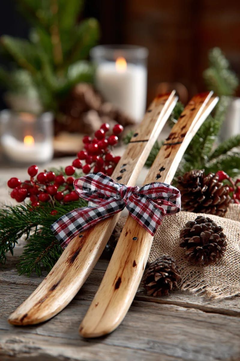 mini wooden skis crossed and tied with ribbon for a nostalgic touch 1