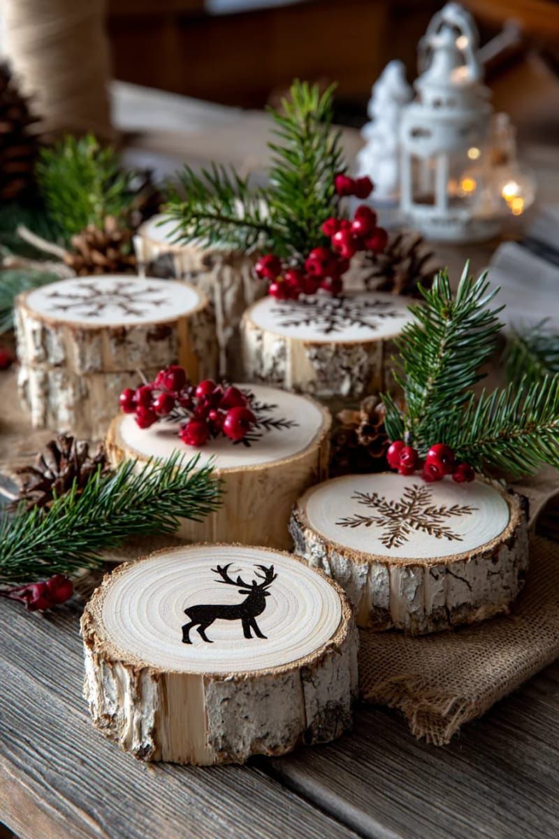 natural wood slice coasters stamped with snowflake and reindeer motifs 1
