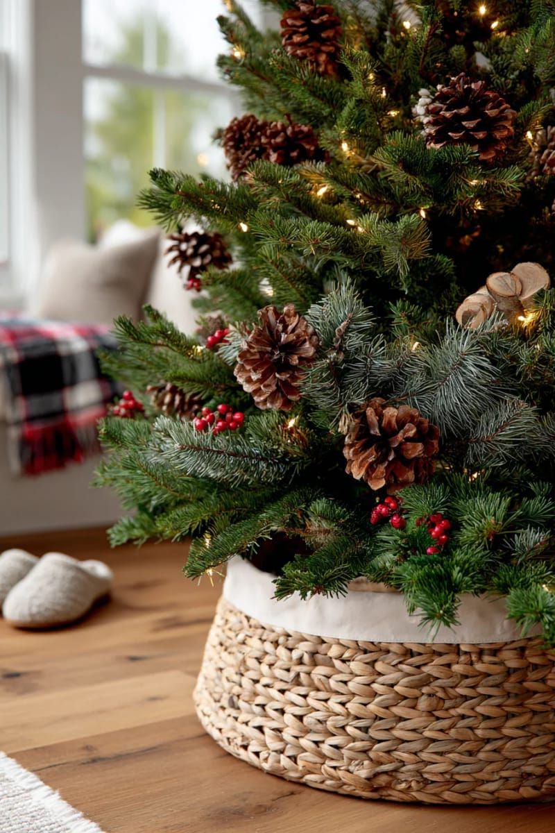 woven basket tree skirt filled with pinecones and birch logs 1